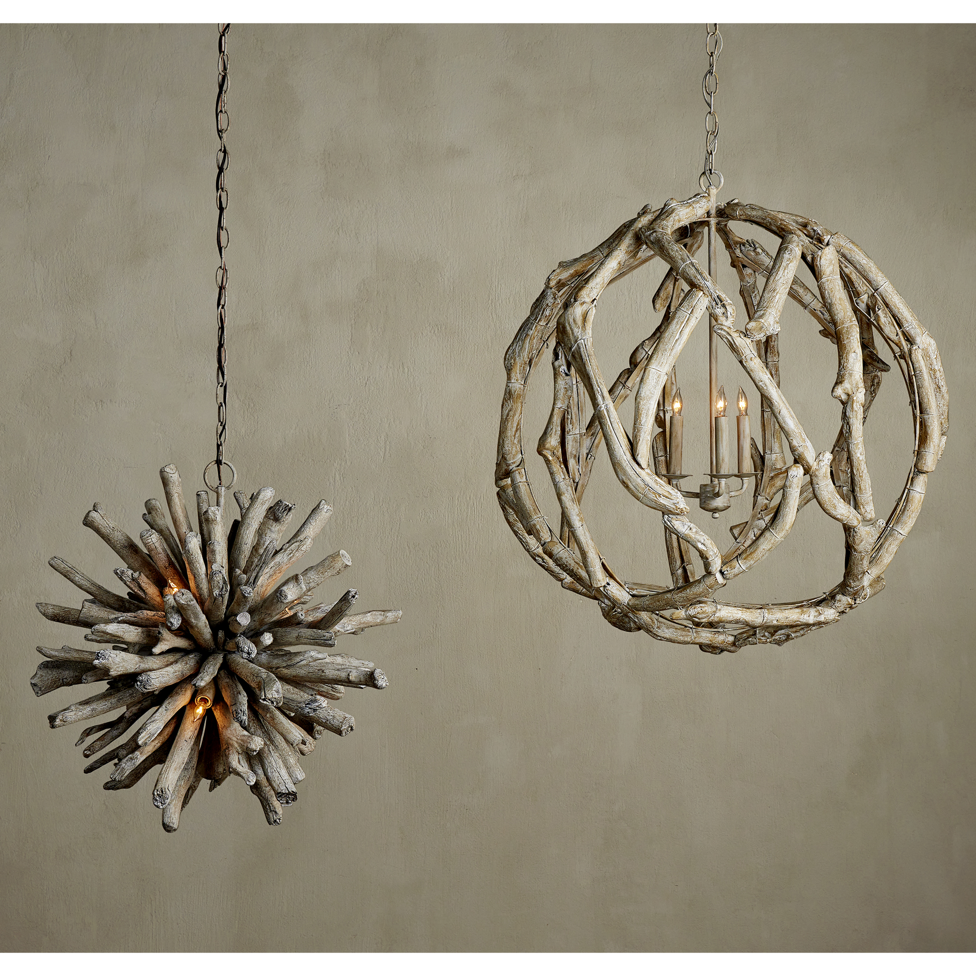 The Driftwood Whitewash Orb Chandelier by Currey & Company | Luxury Chandeliers | Willow & Albert Home